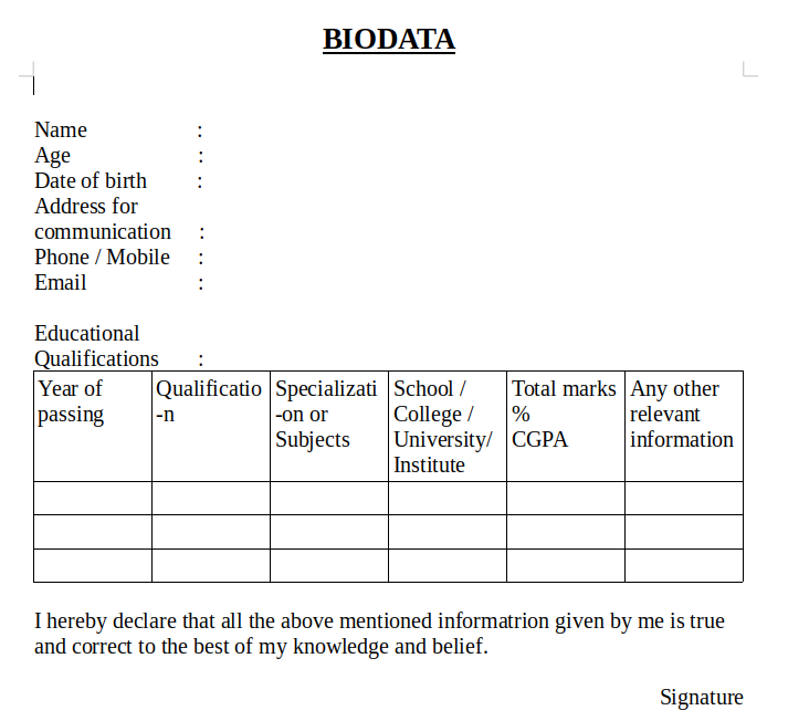 New BIOData format download in ms word