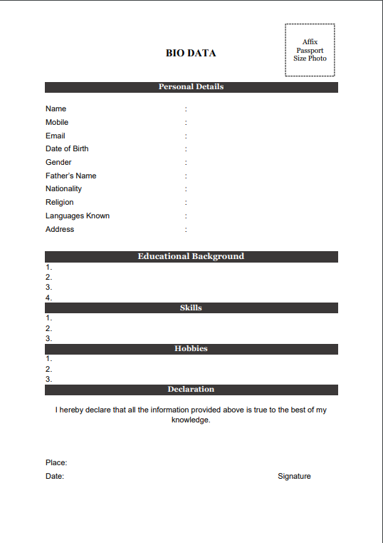 Download Free Bio Data Format for Freshers - Learning Container