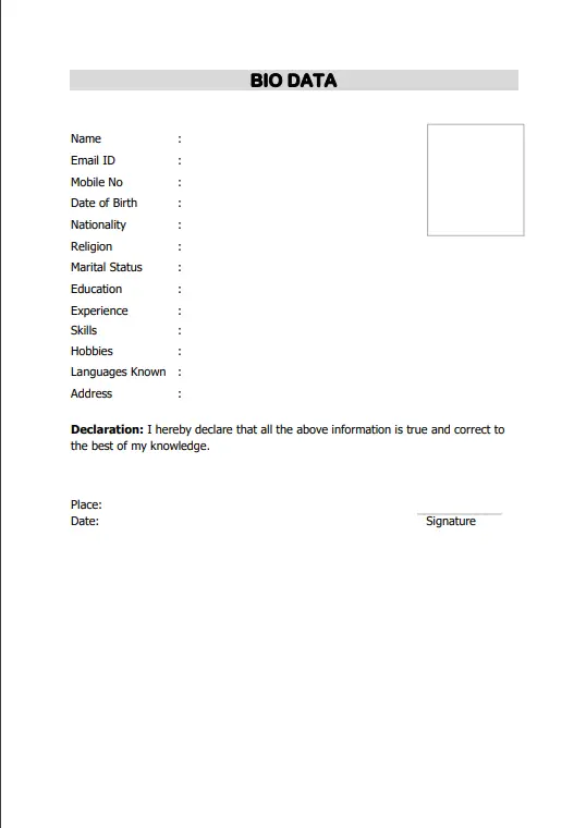 Sample BIO DATA 9 Download - Learning Container