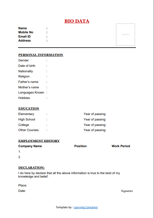 Download Simple Biodata Format for Job Word & PDF - Learning Container